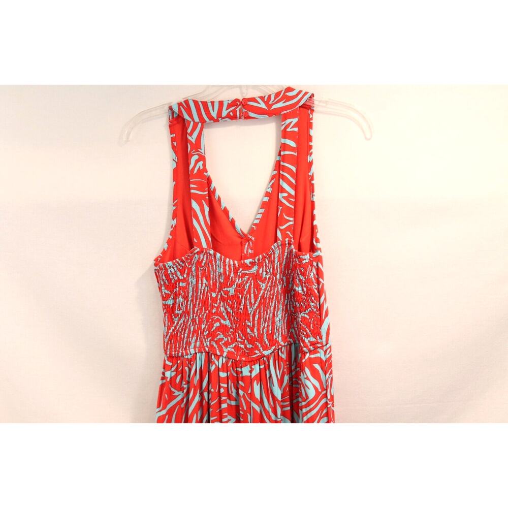 Womens Rayon Maxi Dress size M Red Blue Lined Geometric Smocked Back Boho Chic - Picture 8 of 11
